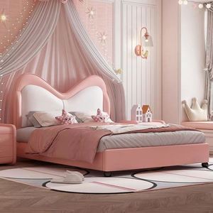 Lit de princesse pour enfants, rose, rembourré, design cartoon, luxe, moderne, en bois, pour adolescentes - Product Image 1