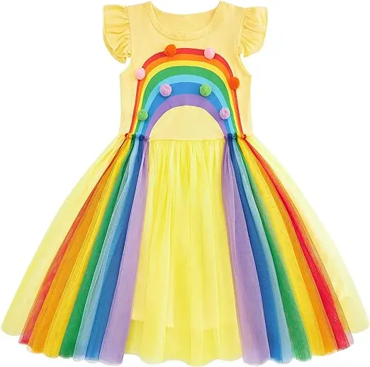 Bestes neues Produkt von 2024 bunte kleine Kugeln Tull-Frotten Mädchen Spitzenkleid Kinderkleider für Mädchen