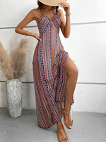 Robe longue bohème à volants pour femme, tenue d'été ethnique dos nu avec fente sur la cuisse, idéale pour la plage