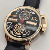 Montre squelette pour homme, boîtier en acier inoxydable, cadran rouge rose de 49 mm, mouvement mécanique, bracelet en cuir véritable
