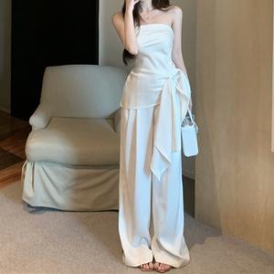 Conjunto de Top Corto sin Tirantes Blanco Vintage y Pantalones Anchos de Gasa para Mujer, Estilo Casual de Verano, Tela de Poliéster - Product Image 4