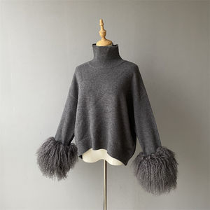 Maglione da Donna Casual Personalizzabile con Collo Alto, Pullover Ampio Autunnale con Polsini Rimovibili in Vera Pelliccia Mongola, 100% <span class=keywords><strong>Lana</strong></span> Lavorata a Maglia - Product Image 2