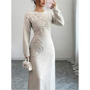 Vestido de Punto Floral 3D Personalizado para Mujer, Manga Larga, Cuello Redondo, Corte Ajustado, Vestido Largo para Otoño e Invierno, Cintura Natural - Product Image 3