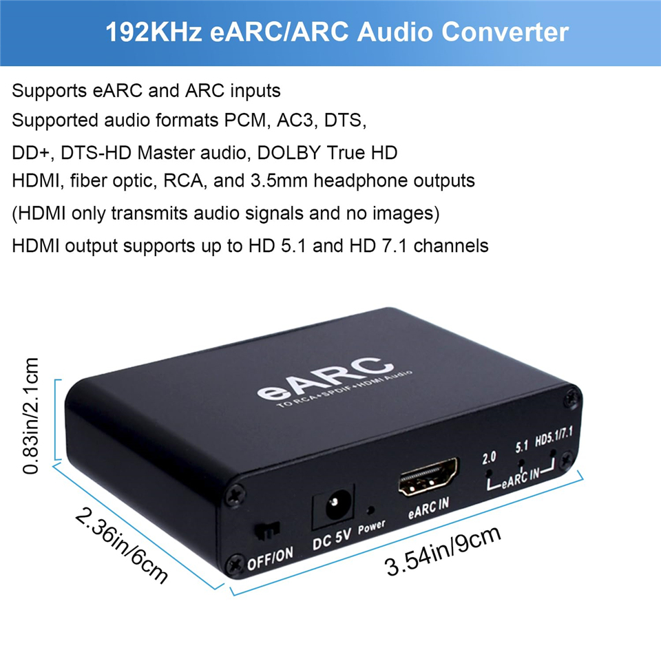 Extracteur Audio EARC/ARC Vers Optique/SPDIF/3.5mm - Convertisseur HDMI Audio 192 KHz - Pour TV, Ampli, Casque - Prise UE