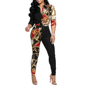 Ensemble deux pièces imprimé pour femmes, chemise à manches longues à col en V et pantalon skinny, tenue décontractée - Product Image 4