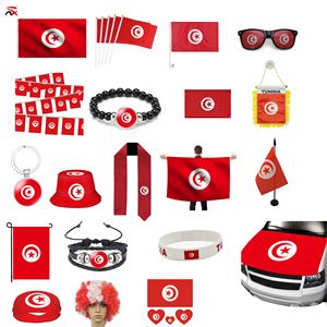 Ensemble de supporters de la <span class=keywords><strong>Coupe</strong></span> du Monde de Football 2026, drapeau de la Tunisie, cape de supporters, lunettes de soleil, chapeau bob pour les matchs - Product Image 3