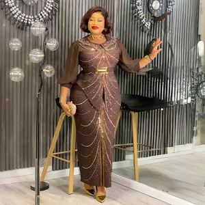 H&D S10951 2025 Nuovo Stile Abito Africano in Poliestere con Strass e Cintura, Maniche Lunghe - Product Image 1