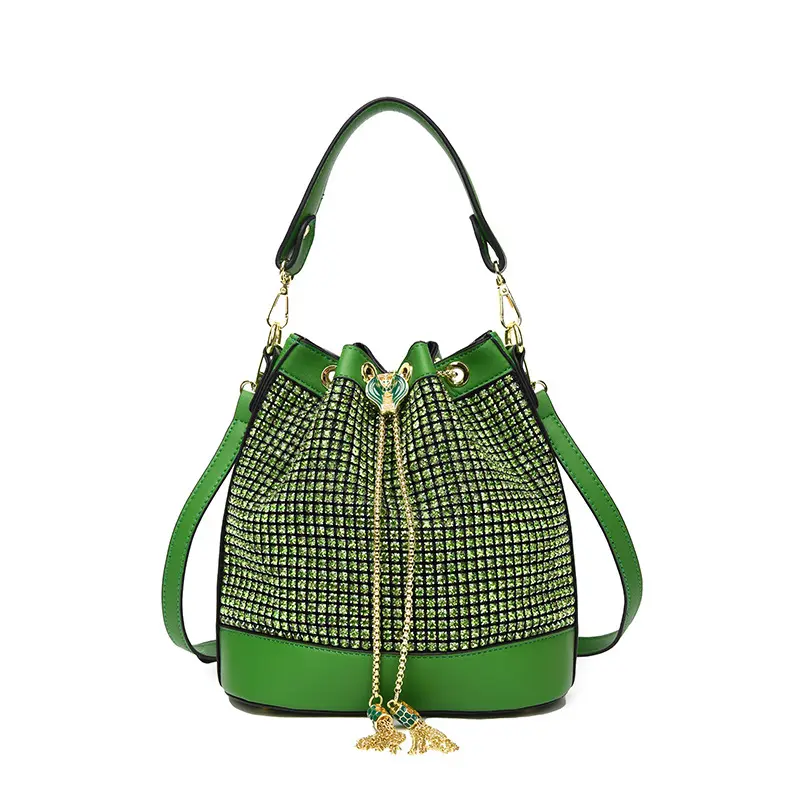 Women big shopping Crystal rhinestone bucket shoulder bag purse,small faux leather rhinestone crystal bucket bag