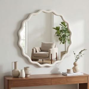 White 24 Inch Wavy Round Solid Wood Frame Decorative <b>Mirror</b> For Bedroom Bathroom Living Room Entryway - Product Image 6