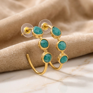 Boucles d'oreilles ethniques en laiton plaqué or faites à la main avec pierres précieuses turquoise pour femmes et unisexe, cadeau idéal - Product Image 2
