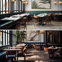 Ensemble de mobilier de restaurant moderne, chaises en cuir marron avec dossier incurvé et tables rondes en bois pour café