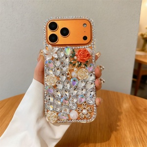 Funda Brillante con Diamantes y Flores Rosas para iPhone 17 Air 16 Pro 15 Max, Carcasa Trasera DIY de TPU con Diseño de Arcoíris y Purpurina - Product Image 3