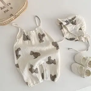 Ins Summer Newborn Children Boys Girls Cartoon Bear Pattern Thin Breathable Cotton Suspender Jumpsuit Hats Baby Romper