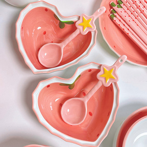 Cute Girly <strong>Heart</strong> Ceramic <strong>Bowl</strong> with Spoon Household Combination Salad Dessert Berry <strong>Bowl</strong> Spoon - Product Image 3