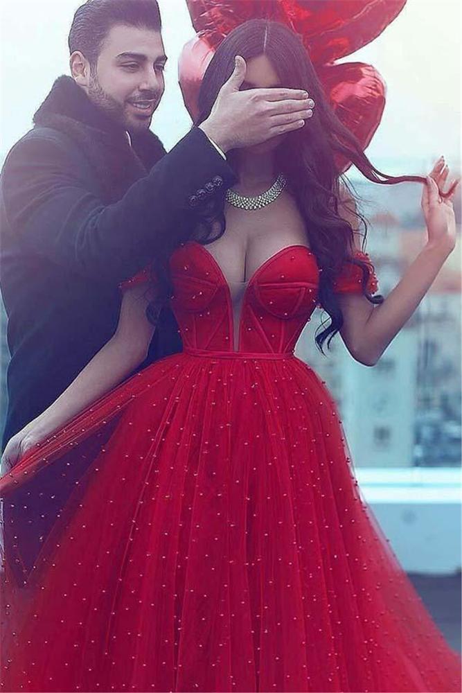red dress and pearls Luxury Pearl Evening with 3D Flowers Cape SS585 Sharon Said For the perfect final touch Red Long Prom off-the-Shoulder Beading