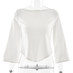 Crop top uni à manches trois quarts et col rond pour le sport, le shopping, la remise en forme et le streetwear - Product Image 5