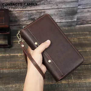 CONTACT'S tas dompet ponsel kulit asli pria, dompet tangan ritsleting panjang pemegang paspor RFID untuk pria