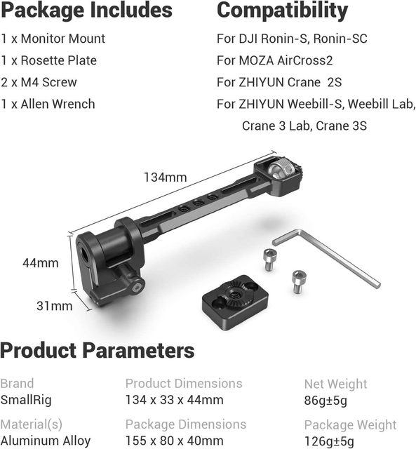Smallrig Adjustable Camera Monitor Mount for Dji Ronin-S/Ronin-Sc & Zhiyun Crane 2s/Crane 3/3s/Weebill-S -2889