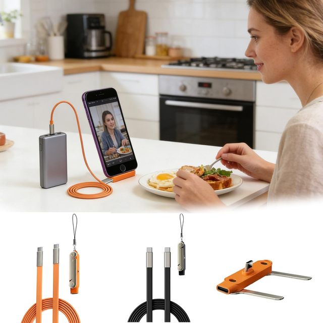 USB C to USB C Cable Adapter,2-in-1 Invisible Foldable Holder Charger Cable with Detachable 240w Fast Charging Phone Stand