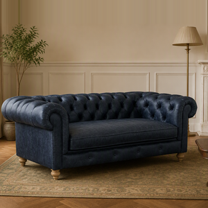 Canapé trois places en cuir véritable, style Mid-Century Modern, avec dossier capitonné et accoudoirs roulés, pieds en bois, pour maison, bureau, entrepôt, villa, école - Product Image 3