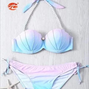 Women Bikini Beach Swimming Sets Backless Gradient Color Shell Pearl Chain Two Pieces Swimsuits