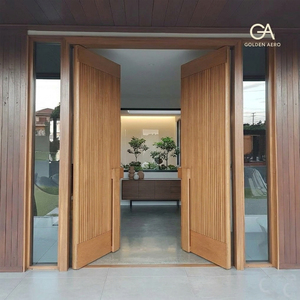 Puerta de Entrada Contemporánea GA-48L de Madera Sólida para Exteriores de Villa con Doble Ranura Decorativa y Panel Lateral de Vidrio - Product Image 3