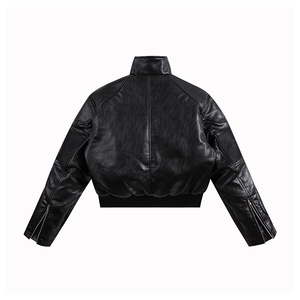 Blouson en cuir matelassé pour <span class=keywords><strong>homme</strong></span> et femme, en <span class=keywords><strong>peau</strong></span> <span class=keywords><strong>de</strong></span> <span class=keywords><strong>mouton</strong></span> véritable épaisse, avec col montant et empiècements, style motard et universitaire - Product Image 4