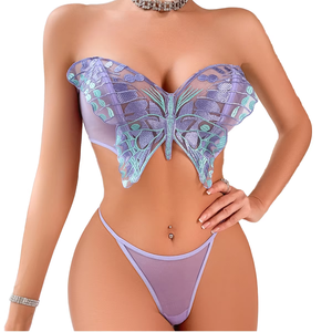 Custom Embroidery Sexy Mesh Underwear Strapless Seduction Perspective Lingerie Two-Piece Set for Women - Product Image 1