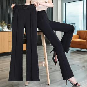 Pantalon évasé taille haute pour femme, élégant pantalon de bureau avec ceinture, coupe ajustée, noir, décontracté et professionnel pour femmes - Product Image 2