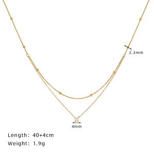 Collier tendance en acier inoxydable plaqué or 18 carats, pendentif géométrique double couche avec zircon incrusté, chaîne à maillons sertis griffe - Product Image 4