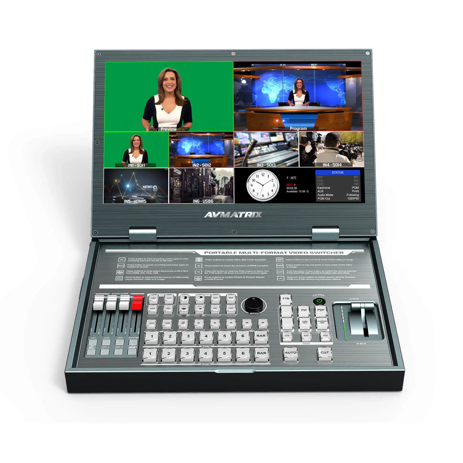 Avmatrix misturador de áudio hdimi, misturador portátil de 6 canais multi-formato de sdi hdimi para vídeo tela lcd fhd de 15.6 polegadas