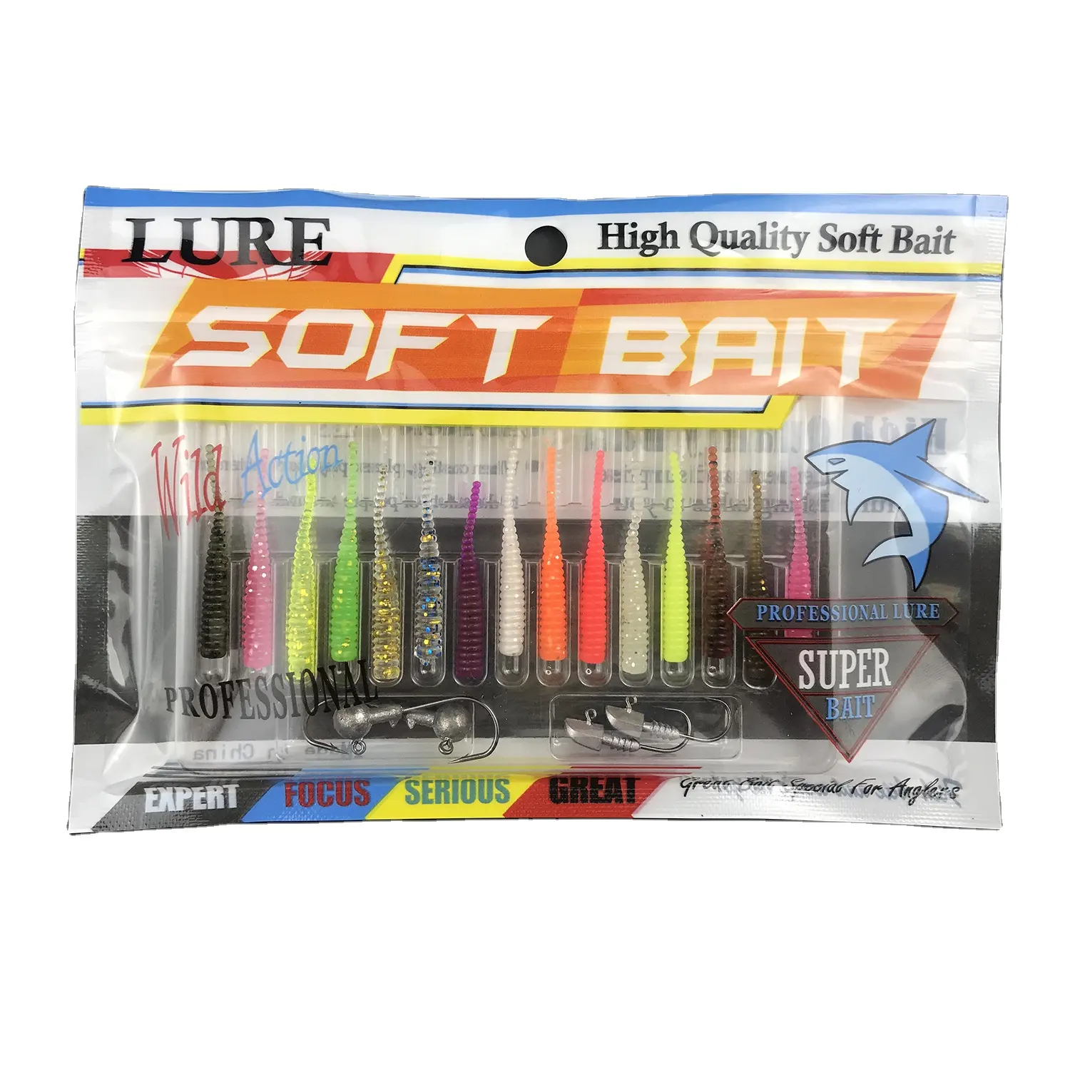 15pcs rooting soft PVC lure hot sale+4pcs lead head fishing hook fish sets soft bait kits