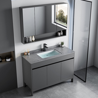 Ensemble de meubles de salle de bain sur pied en alliage d'aluminium moderne avec finition laquée, miroir intelligent, lavabo en céramique, robinet inclus - Étanche