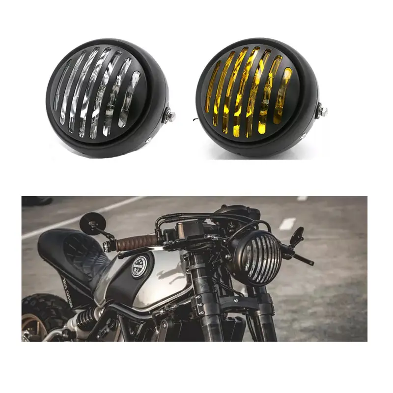 Lampu depan led sepeda motor, aksesoris suku cadang sepeda motor hitam Vintage 5.75 inci 35W untuk kafe pembalap sepeda motor rakitan lampu depan