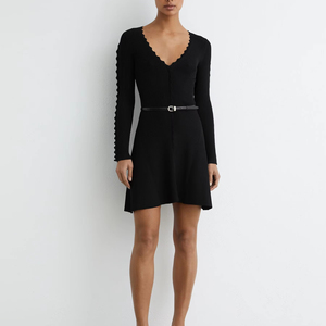 Vestido casual elegante de alta calidad para mujer, vestido de punto con cuello en V, manga larga con volantes, cinturón y corte acampanado, mini vestido para fiesta u oficina. - Product Image 1