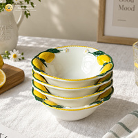 Bol à salade en céramique de porcelaine de 6 pouces, motif citron 3D, style méditerranéen, peint à la main, en relief, qualité alimentaire, empilable