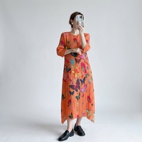Produit le plus vendu de l'été : Robe midi plissée Miyake à taille naturelle, imprimé papillon élégant, manches 3/4, haute élasticité, tissée