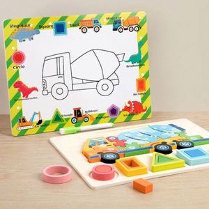 Jeu de dessin sur tableau blanc éducatif 3 en 1 pour garçons et filles, animaux, dinosaures, véhicules, puzzle en bois, jouet en bois pour enfants - Product Image 6