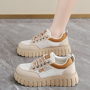 Baskets à plateforme en maille beige pour femmes, chaussures décontractées respirantes à lacets pour printemps et été - Product Image 3