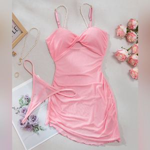 Mini-robe moulante en maille transparente rose pâle avec découpes torsadées sur le devant et bretelles perlées, lingerie - Product Image 6
