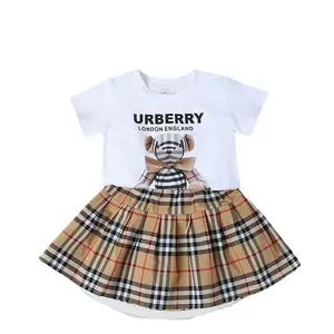 Summer fashion Scottish style with bear pattern printed sister and brother girls boutique clothes sets