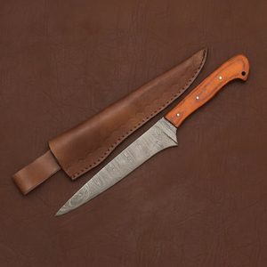 Cuchillo de caza de acero de Damasco con mango de madera y funda de cuero, hoja de punta caída, filo recto, grosor de 0.6 mm - Product Image 1