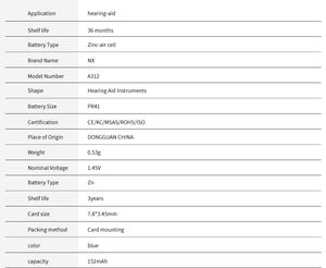 Bateria de zinco-ar <span class=keywords><strong>A312</strong></span>, Bateria do botão do aparelho auditivo PR41, Orelha do implante coclear 1.45V - Product Image 4