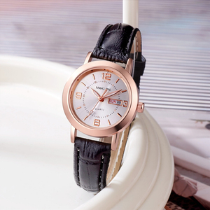Reloj de pulsera de cuarzo informal y elegante para mujer, resistente al agua, con calendario doble, correa de cuero cómoda. - Product Image 2
