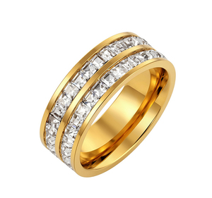 Anillo de Eternidad Bohemio de Lujo con Doble Hilera, Chapado en Oro de 18K y Rodio, Acero Inoxidable, Circonitas Cúbicas Creadas en Laboratorio, Resistente al Agua y al Deslustre - Product Image 1