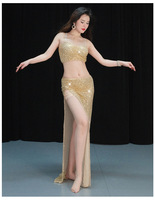 Sexy Brillant Sequin Strap V-cou Sans Manches Tak Tops avec Jupe Longue 2 Pièces Costumes Costume pour Danse Du Ventre Performance Porter