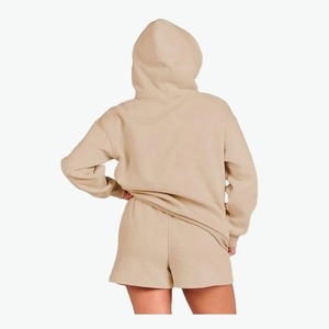 Ensemble 2 pièces pour femme, beige, sweat à capuche et short, coupe ample décontractée, polaire, couleur unie, tenue quotidienne, toutes saisons - Product Image 4