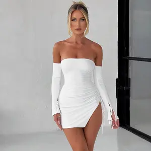 महिलाओं के लिए सेक्सी फैशनेबल ऑफ द शोल्डर रैप चेस्ट स्प्लिट रैप हिप शॉर्ट स्कर्ट सॉलिड कलर ड्रेस
