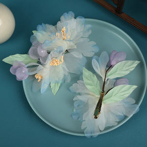 Nouveaux accessoires pour cheveux de style chinois traditionnel, design original fait main, coiffe Hanfu, fleur en gaze dégradée bleu-vert - Product Image 3