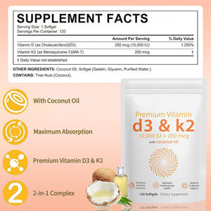 Capsule di <span class=keywords><strong>Vitamina</strong></span> <span class=keywords><strong>D3</strong></span>+K2 con Olio di Cocco per Adulti, Certificato GMP, OEM ODM, Etichetta Privata, Confezione da 180 Pezzi - Product Image 2
